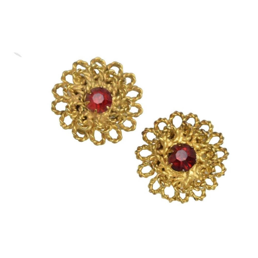 Vintage Earrings Gold Tone Glass Faceted Jewel Clip On Floral Inspired